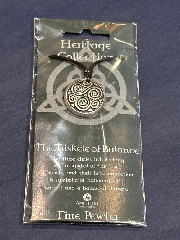 Pewter Triple Spiral ‘Triskele’ of Balance Necklace on Leather Cord