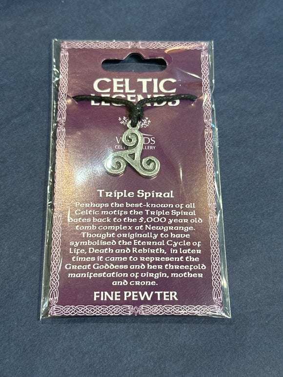 Pewter Triple Spiral ‘Triskele’ Necklace on Leather Cord