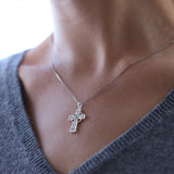 Sterling Filigree Celtic Cross Pendant with Green Stone & CZs