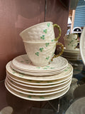 Belleek Shamrock Weave 2 Tea Cups 4 Saucers and 6 plates Set