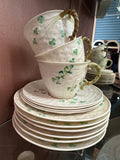 Belleek Shamrock Weave 2 Tea Cups 4 Saucers and 6 plates Set