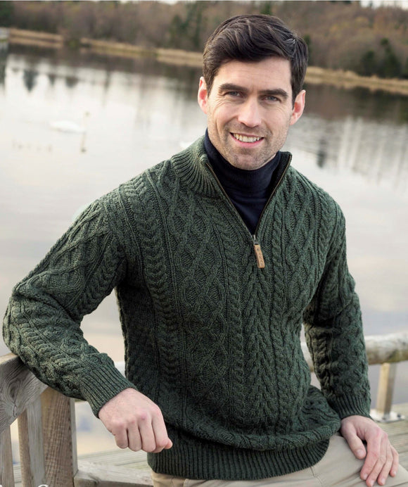 Fisherman Aran Cable Knit Half Zip Crew Green