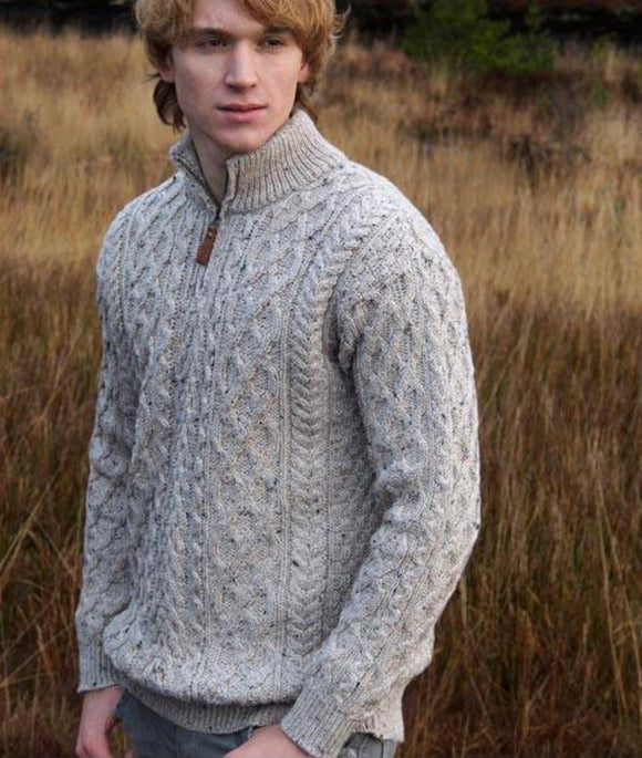 Fisherman Aran Cable Knit Half Zip Crew Oatmeal