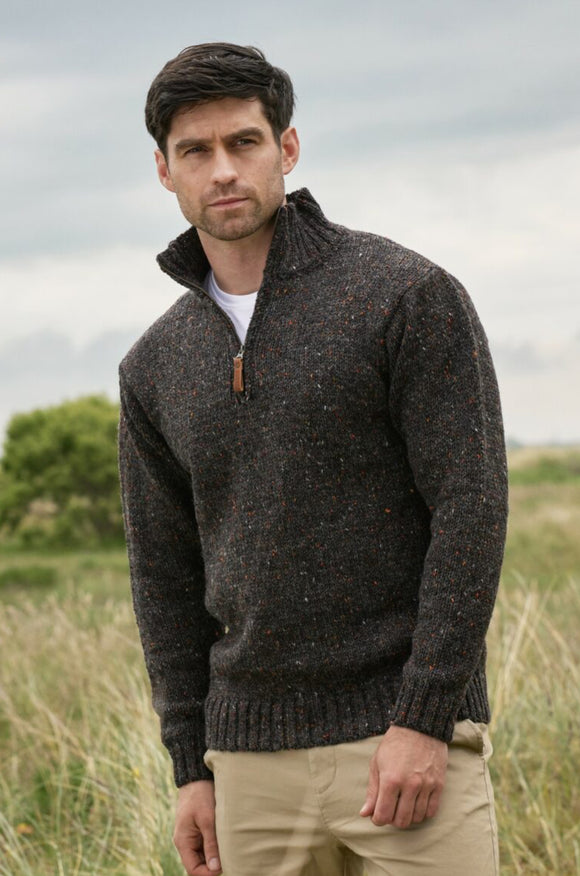 Half Zip Plain Knit Sweater Brown