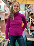 Fisherman Ladies Fitted Aran Polo Sweater... Fuchsia