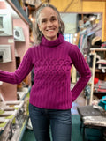 Fisherman Ladies Fitted Aran Polo Sweater... Fuchsia