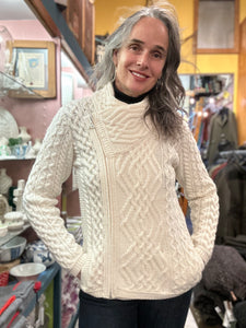 Aran Cable Knit Side Zip Short Coat Sweater Natural