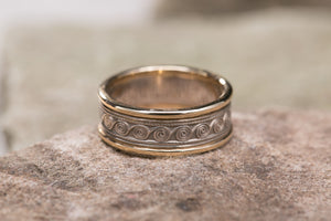 Celtic Spiral Wedding Band 14K White Gold with 14K Yellow Gold Rims -  Mary-Anne's Irish Gift Shop
