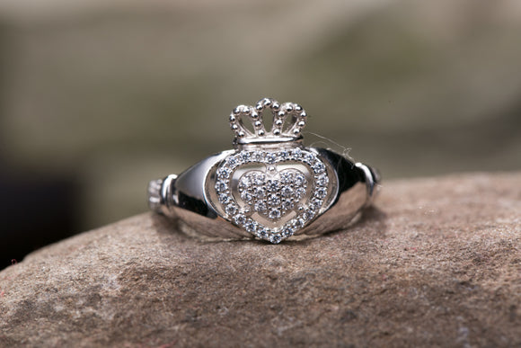 Ladies Sterling Silver Claddagh Ring with Cubic Zirconia -  Solvar