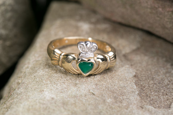 Ladies Claddagh Ring 14k Gold with Green Agate and Diamonds -  Jim O'Conner