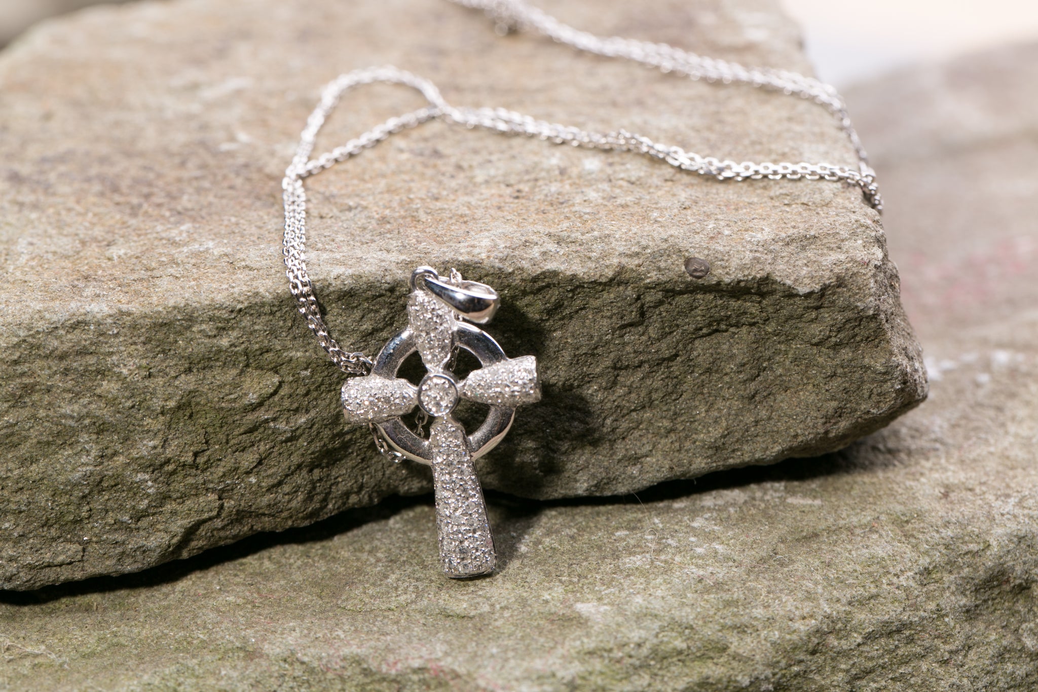 14K White Gold and Diamond Celtic Cross