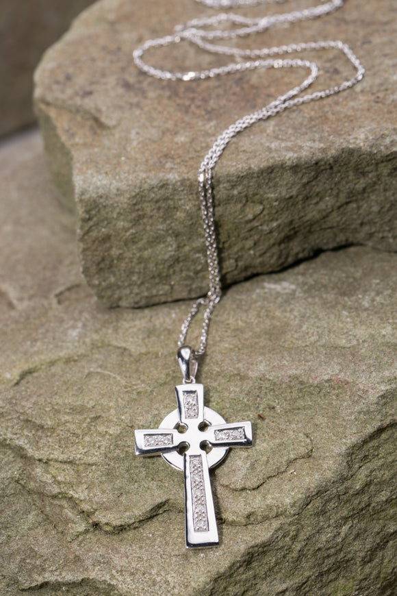 14K White Gold and Diamond Celtic Cross -  Solvar