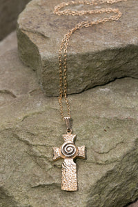 14K Gold Hand Hammered Celtic Cross with Newgrange Spiral -  Solvar