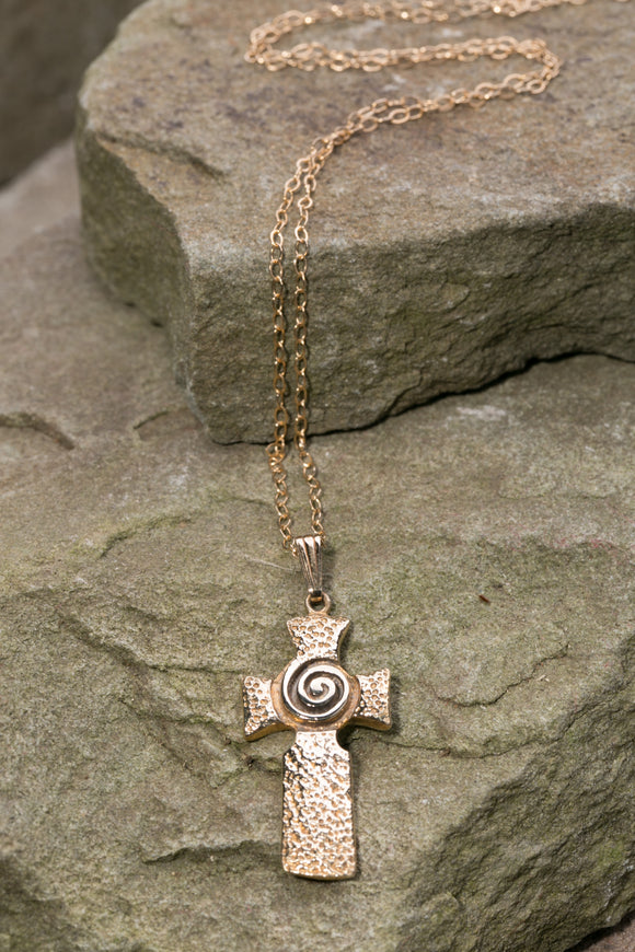 14K Gold Hand Hammered Celtic Cross with Newgrange Spiral -  Solvar