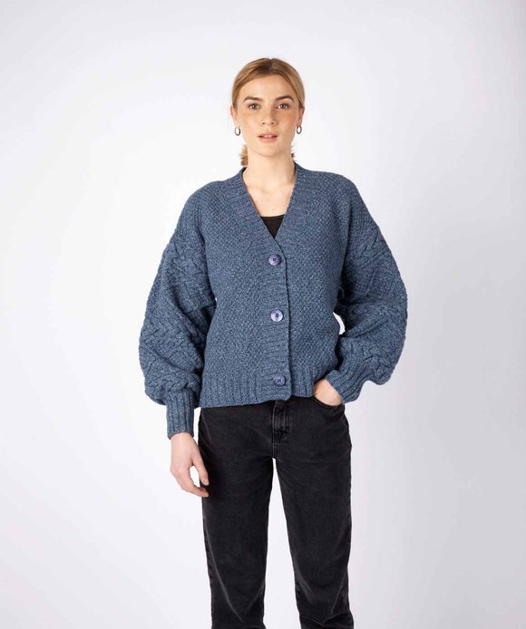 Knitted Cardigan with Cable Lantern Sleeve -  Irelands eye