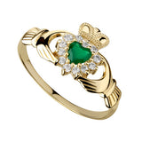 Ladies Claddagh Ring 10k Gold with Green Agate and Cubic Zirconium -  Solvar