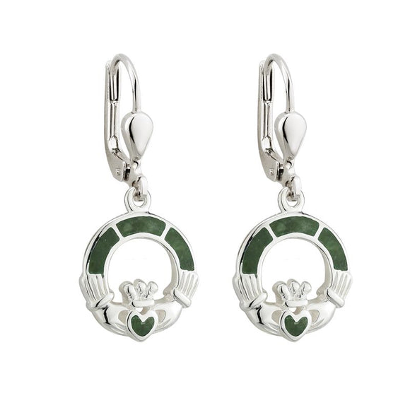 Sterling Silver Claddagh Earrings with Connemara Marble -  Solvar