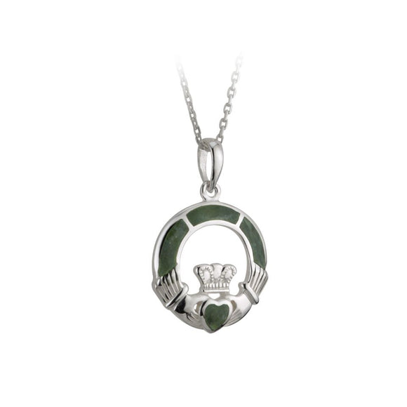 Sterling Silver Claddagh Pendant with Connemara Marble -  Solvar